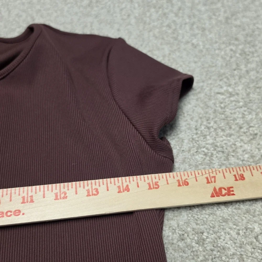 ALO YOGA Brown Ribbed Cropped Savvy Short Sleeve Active Lounge Shirt Top Size M